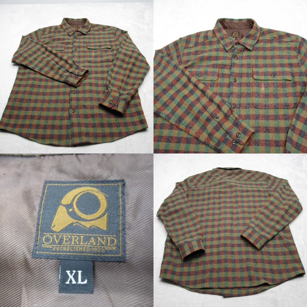 Overland Shirt Men XL Green Check Flannel Button Mid Weight Warm Wool Silk Blend